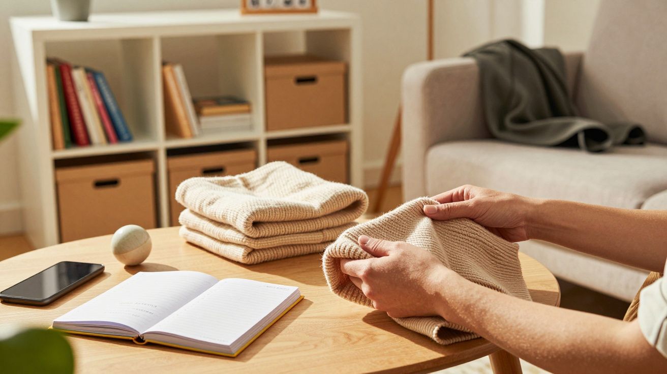 Pessoa dobrando suéter bege sobre mesa de madeira, com livros, celular e caderno ao redor em sala iluminada.