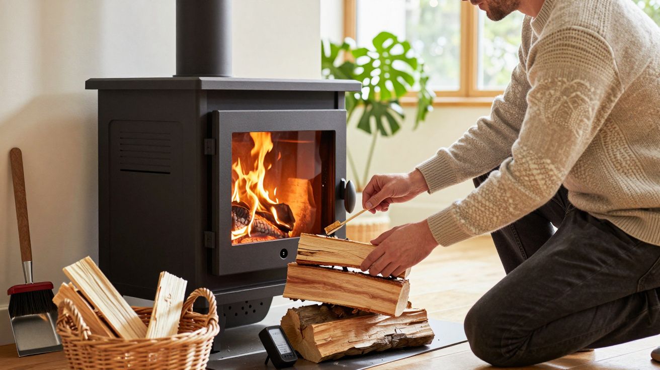 Homem colocando lenha em fogão a lenha aceso, com cesta de madeira ao lado, em sala aconchegante.