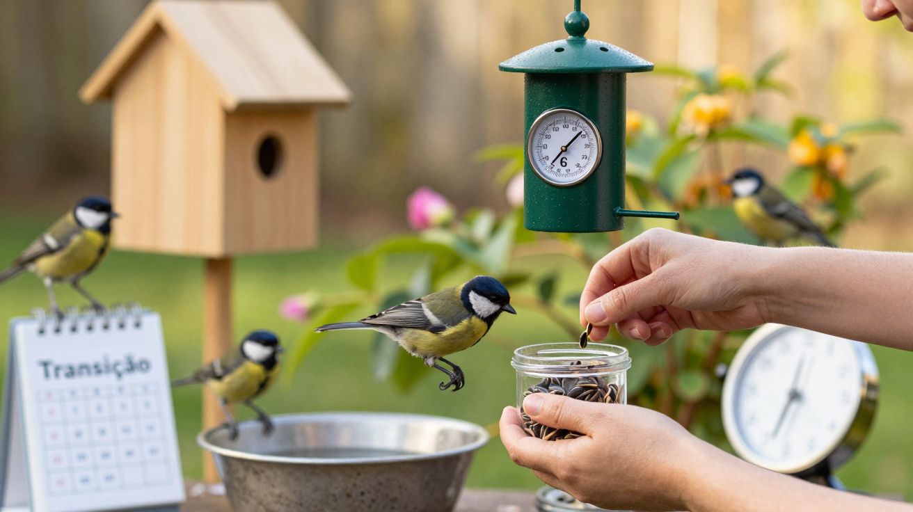Mãos alimentando pássaro em comedouro próximo a casinha de pássaros, calendário e termômetros ao fundo.