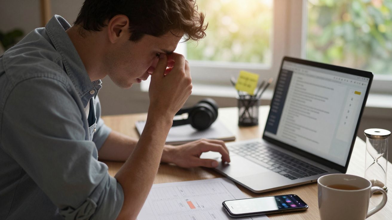Homem cansado frente ao laptop, segurando a testa; mesa com celular, documentos e xícara de café.