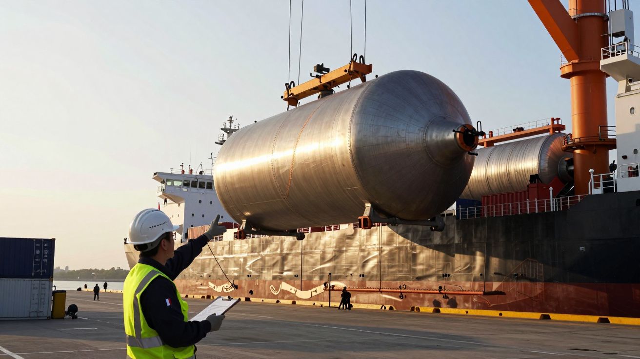 Trabalhador com capacete observa guindaste levantando grande cilindro metálico em porto, com navio ao fundo.