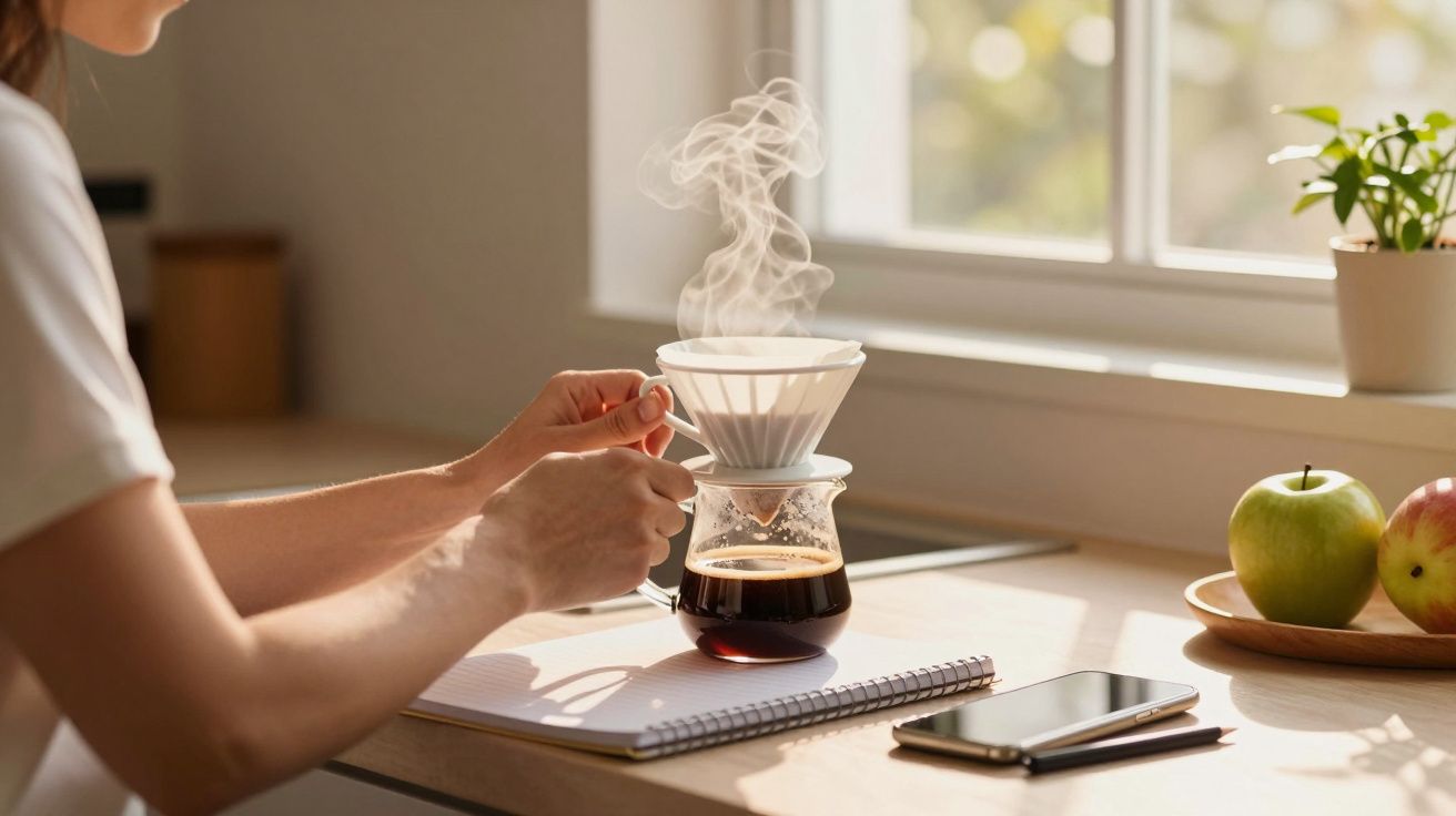 Pessoa fazendo café em método de filtro, perto de janela, com vapor subindo. Mesa tem caderno, celular e maçãs.