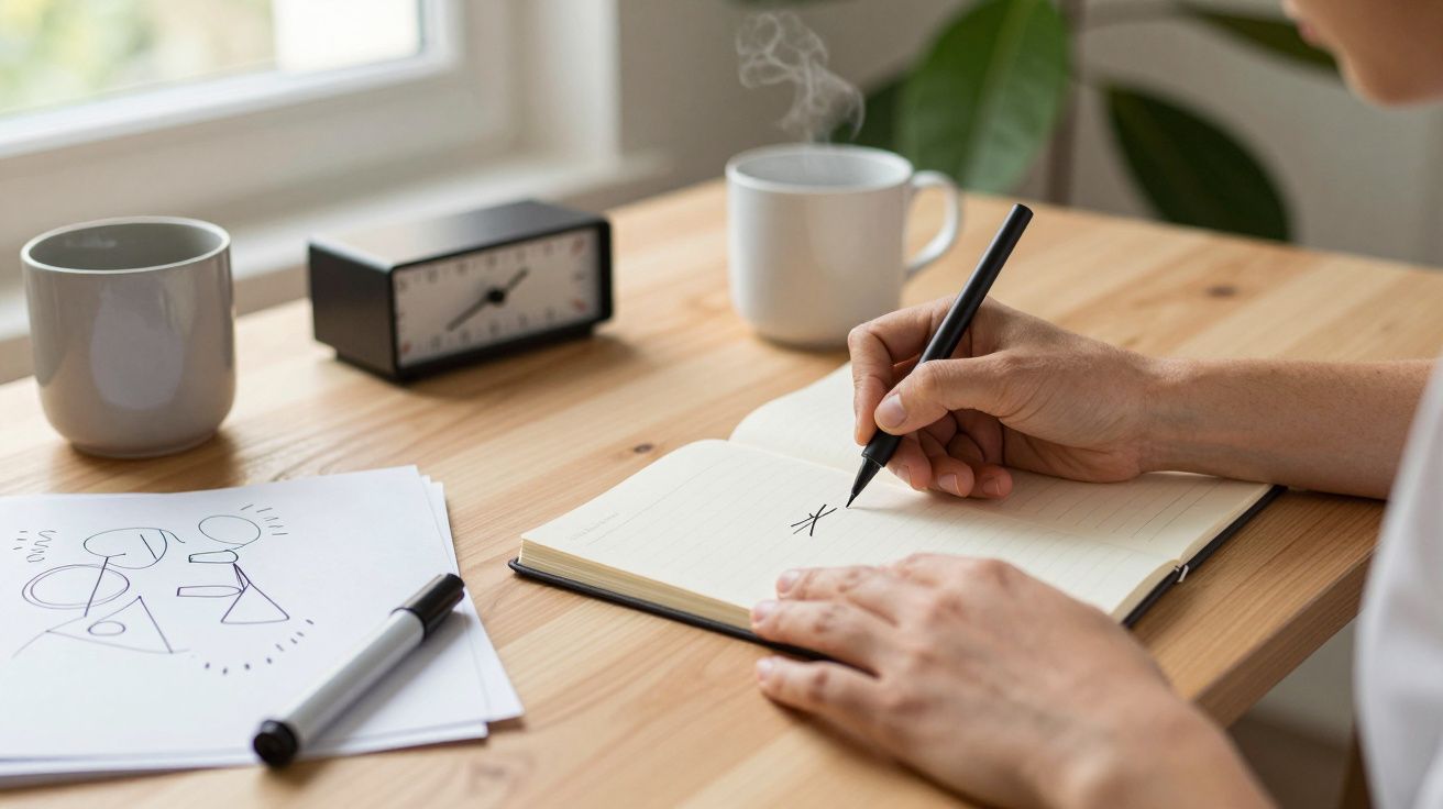 Pessoa escrevendo em caderno com caneta preta, papel com desenho e xícara ao lado, relógio e planta ao fundo.