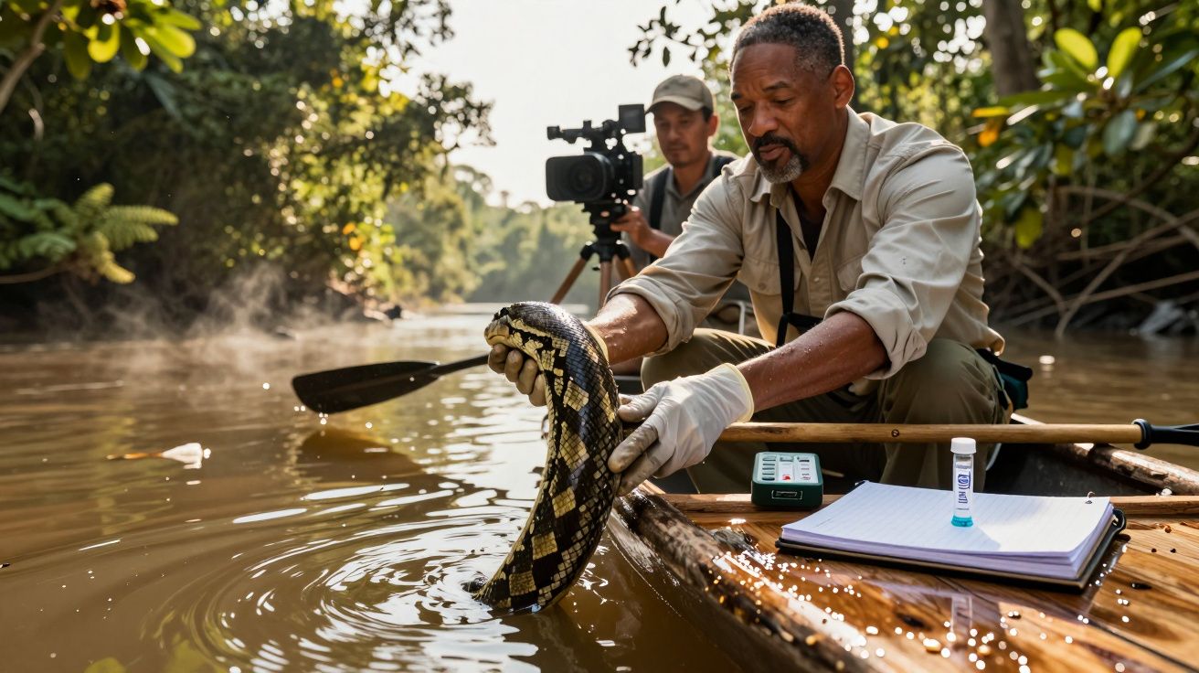Pesquisador manuseando cobra em rio amazônico, com caderno e equipamento, enquanto outro filma ao fundo em um barco.