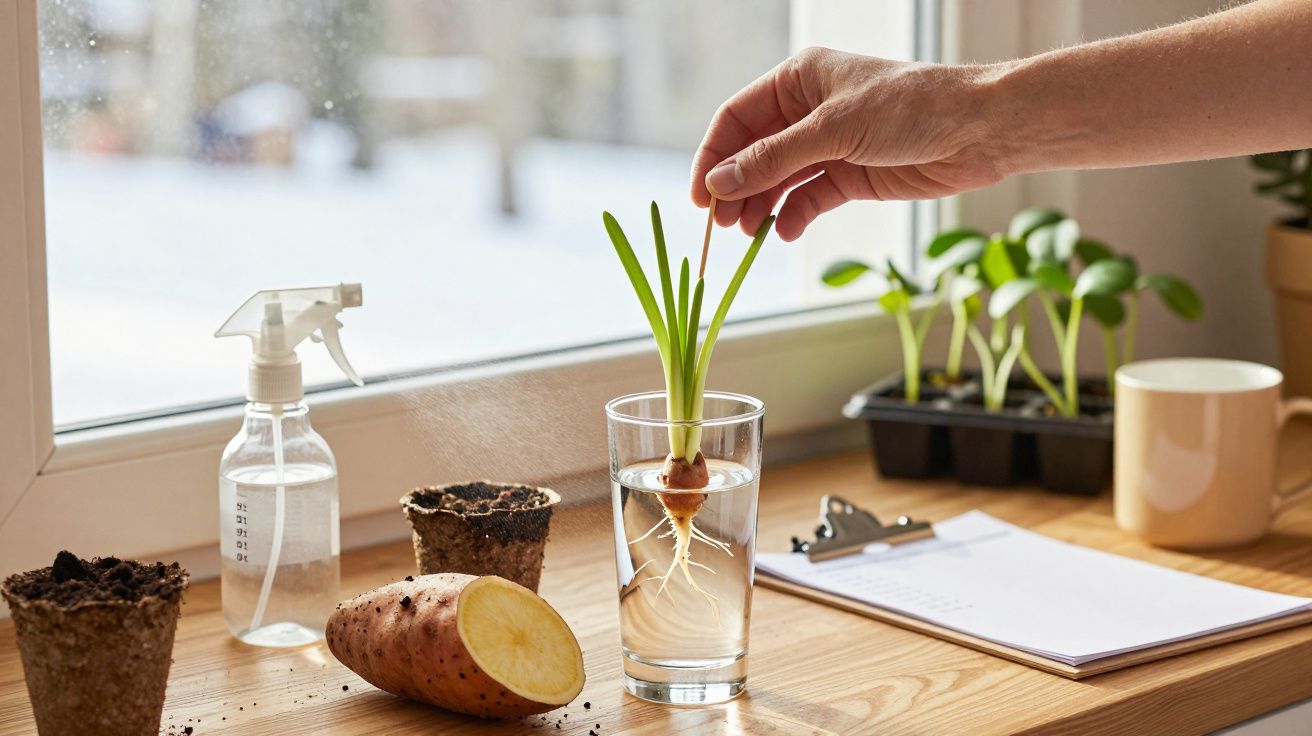 Mão segura planta enraizando em copo d'água sobre mesa com batata, vaso, borrifador e brotos perto da janela.
