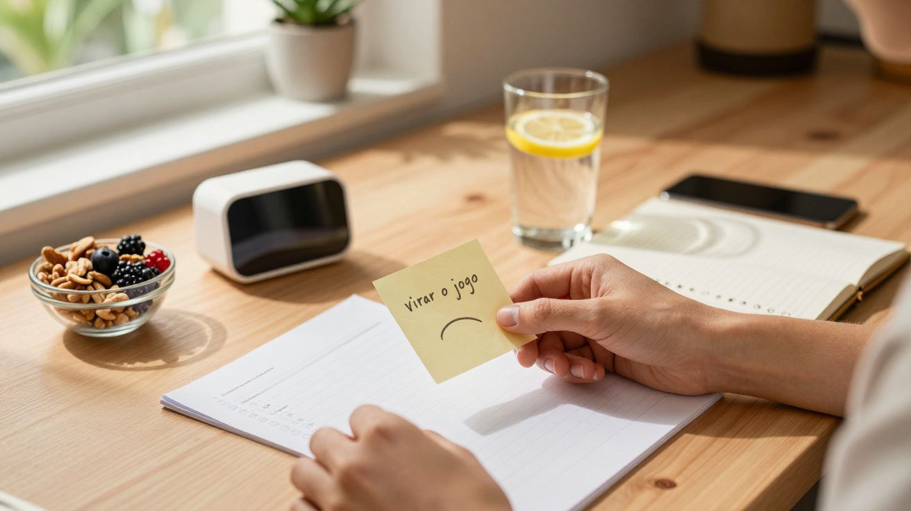 Pessoa segurando um post-it com a frase "virar o jogo" em uma mesa com notebook, lanche, água e objeto eletrônico.