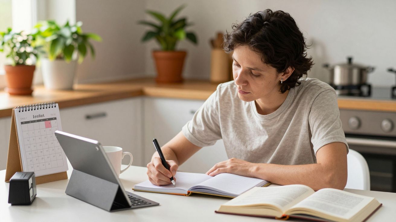 Pessoa estudando em uma cozinha, com tablet, caderno, livro aberto e calendário ao lado, plantas ao fundo.