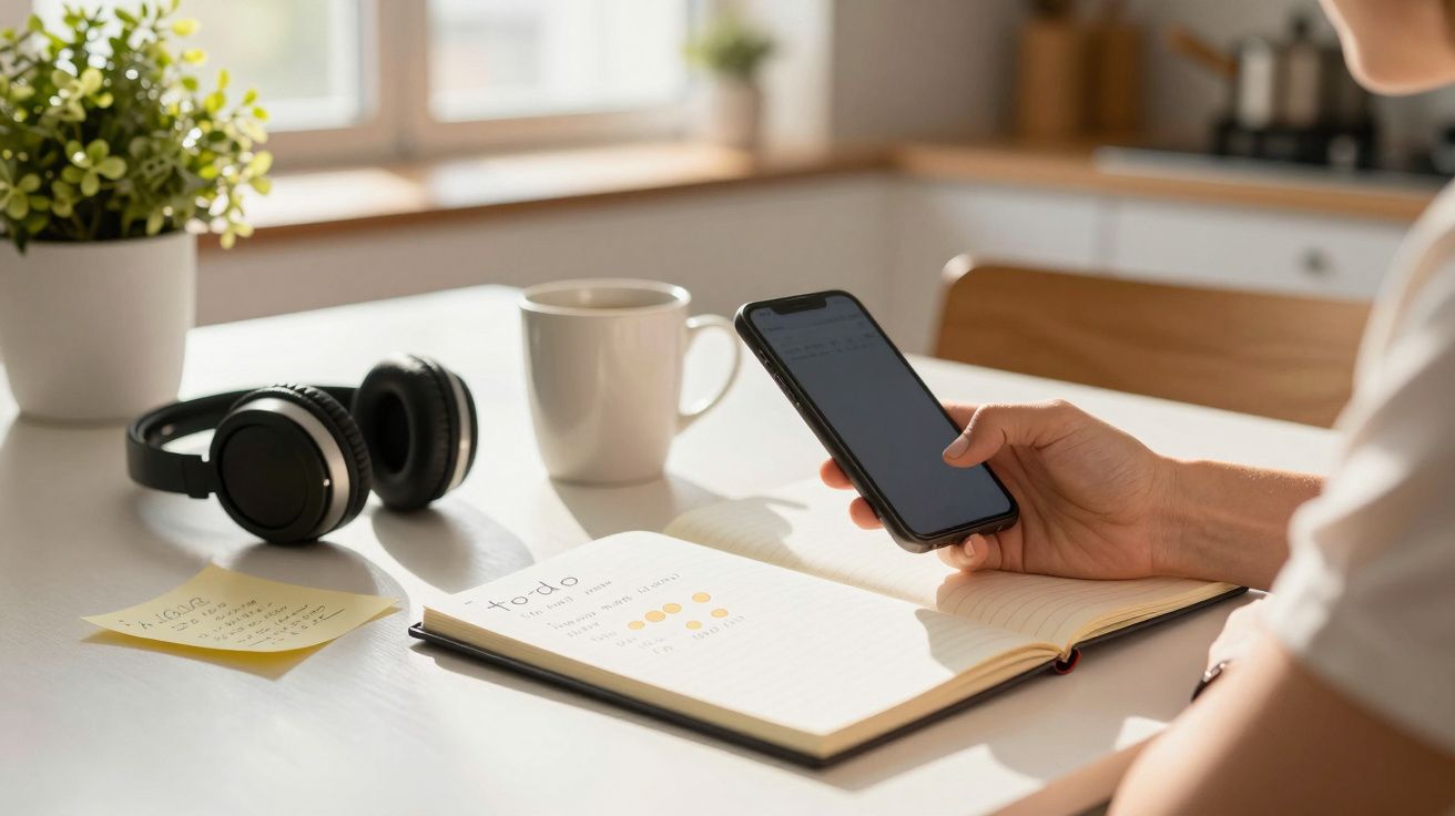 Pessoa usando smartphone, caderno com lista de tarefas, fone de ouvido e caneca sobre a mesa iluminada pelo sol.