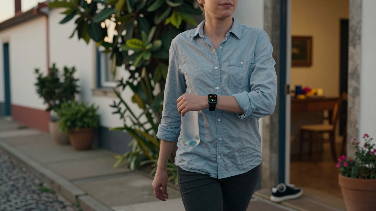 Mulher andando ao ar livre com relógio inteligente e garrafa de água, plantas e casa ao fundo.