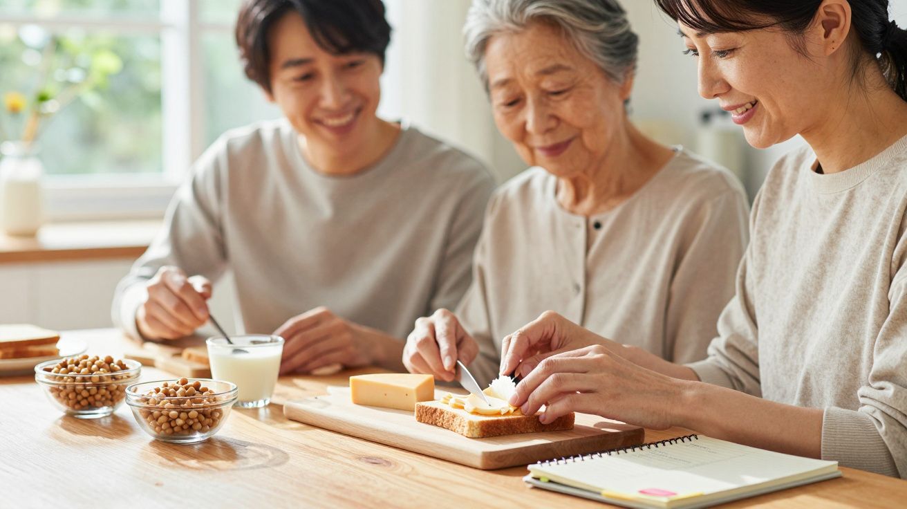 Três pessoas preparam torradas com queijo em uma mesa de madeira, cercados por pequenos potes de grão-de-bico e copos de leit