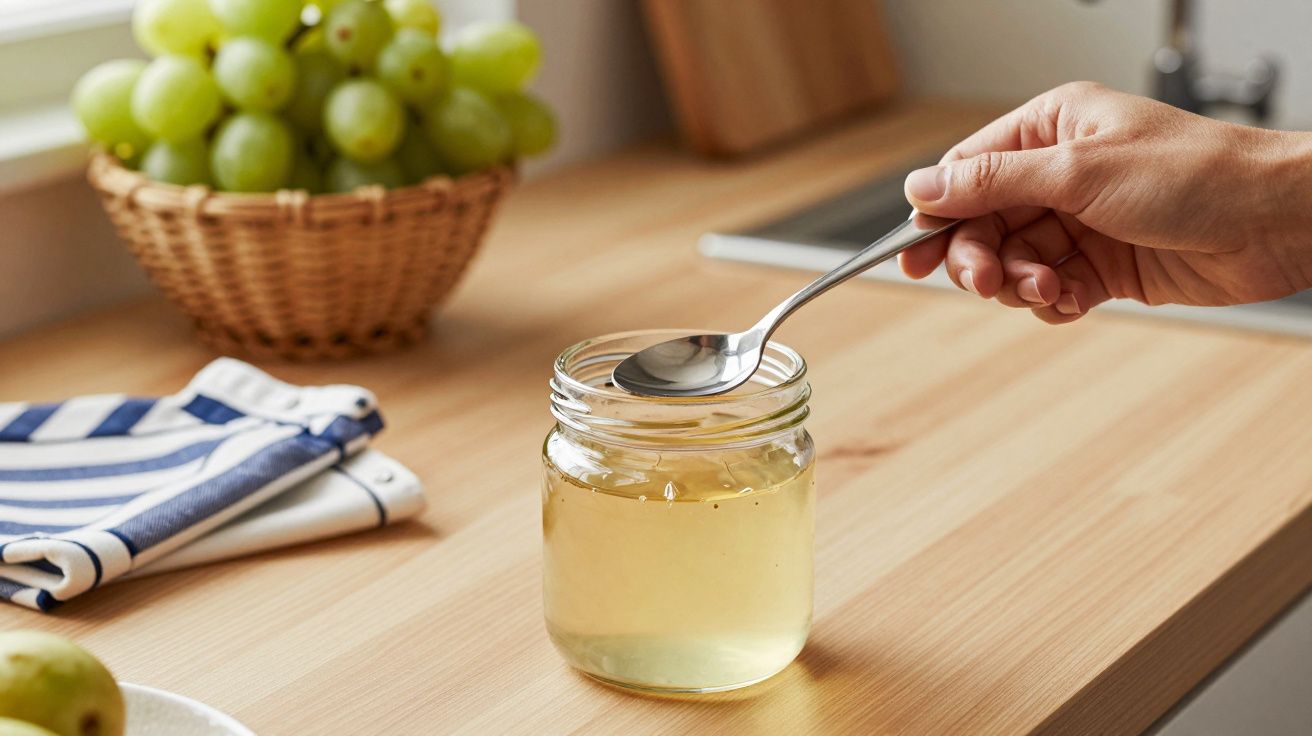 Mão segurando colher sobre pote de vidro com líquido amarelo claro em bancada de cozinha, cacho de uvas ao fundo.