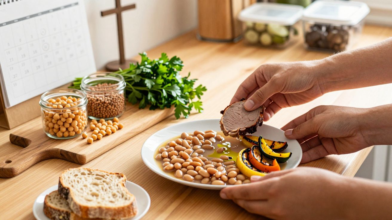 Pessoa colocando carne em prato com feijão, abóbora e abobrinha, ao lado de pão e potes de grãos.