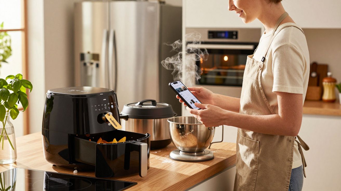 Mulher na cozinha com avental, usando celular ao lado de fritadeira elétrica com batatas fritas.