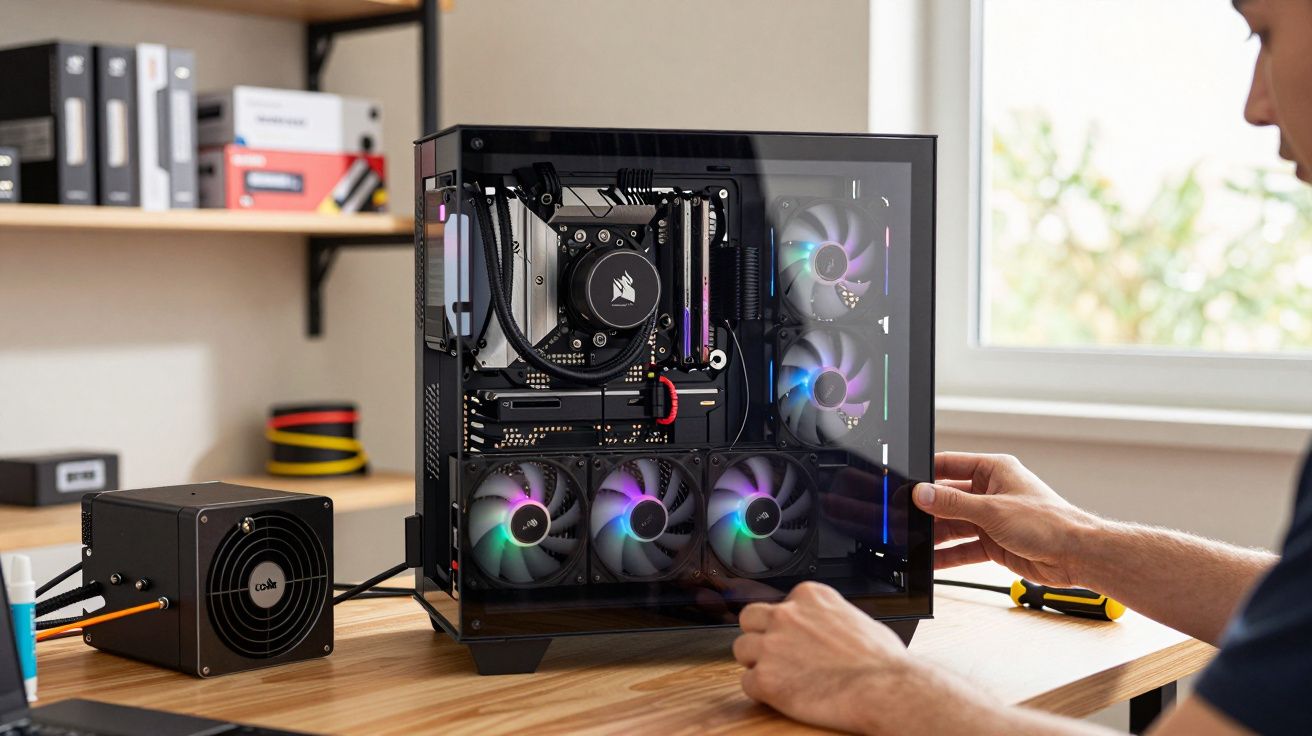 Pessoa montando um computador de mesa com painel lateral de vidro e ventoinhas RGB, em uma mesa de madeira.