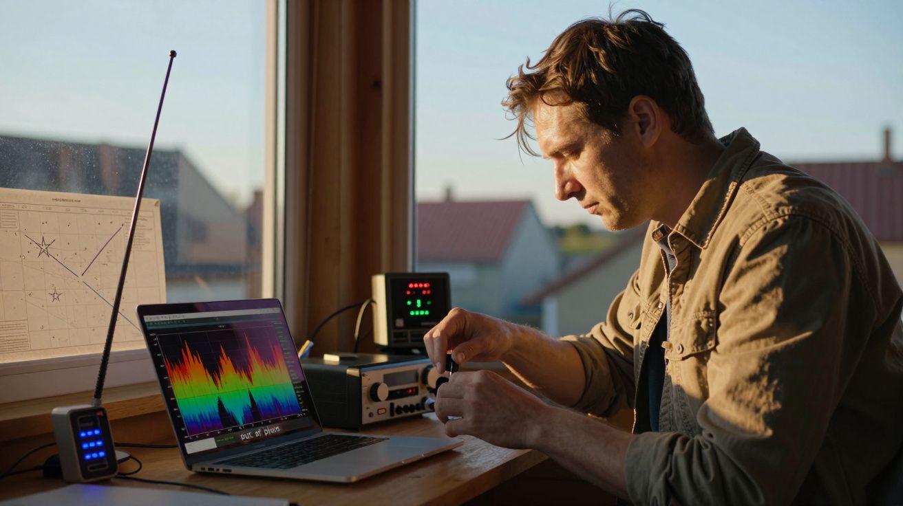 Homem analisa dados em laptop e equipamentos eletrônicos ao lado de uma janela, com gráficos coloridos na tela.