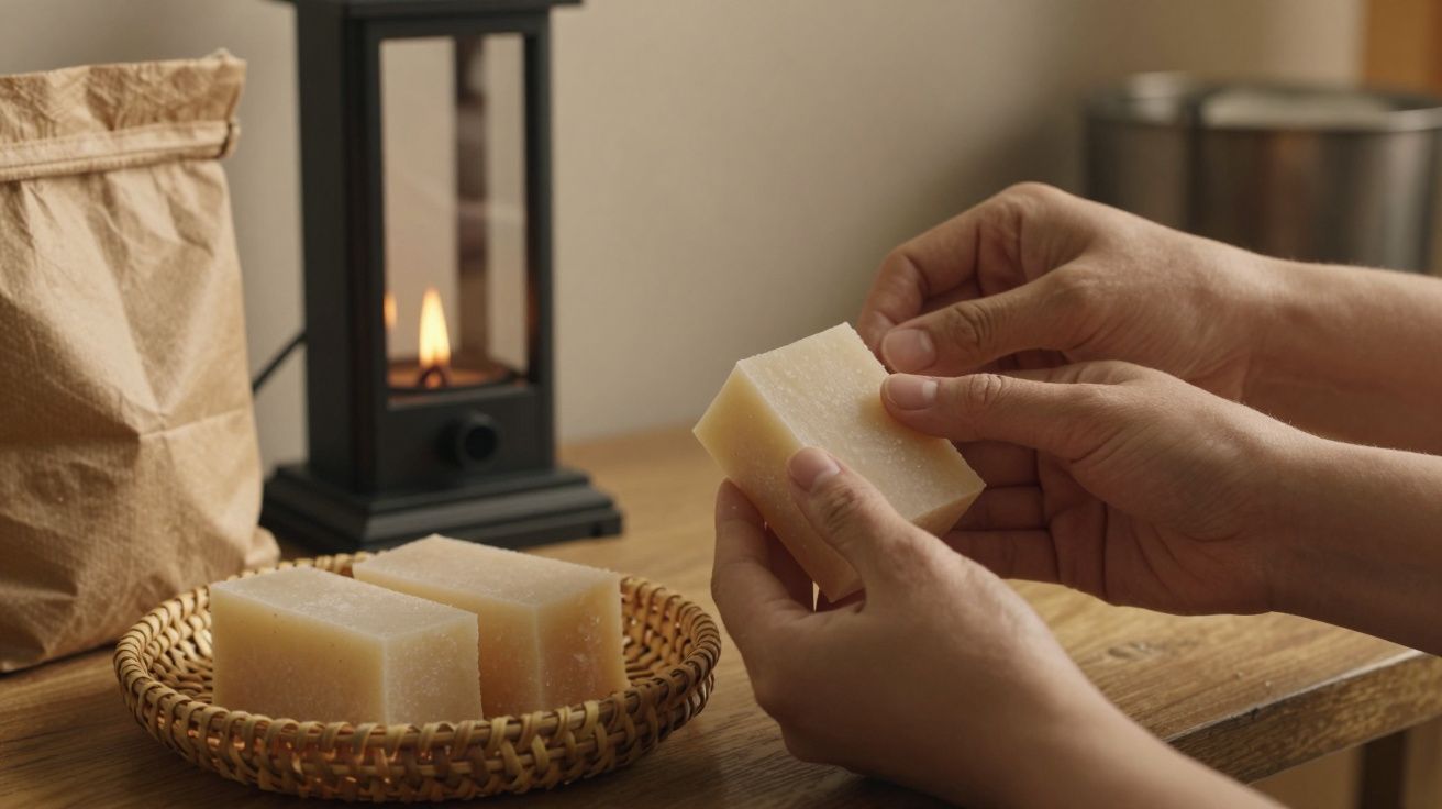 Mãos segurando sabão artesanal em barra perto de cesto de vime; uma lanterna acesa está ao fundo sobre a mesa de madeira.