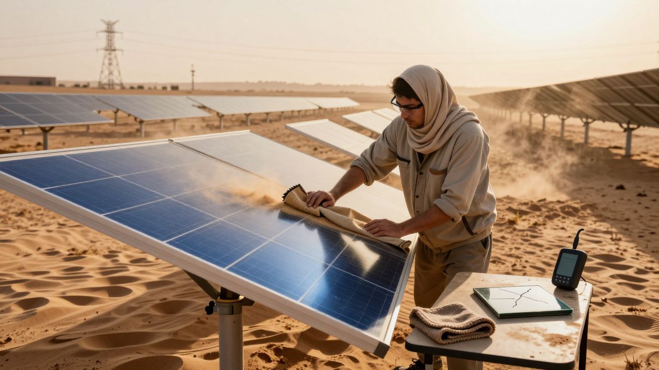 Homem limpa painel solar em deserto, cercado por areia, sob céu ensolarado; mesa ao lado com medidor eletrônico.