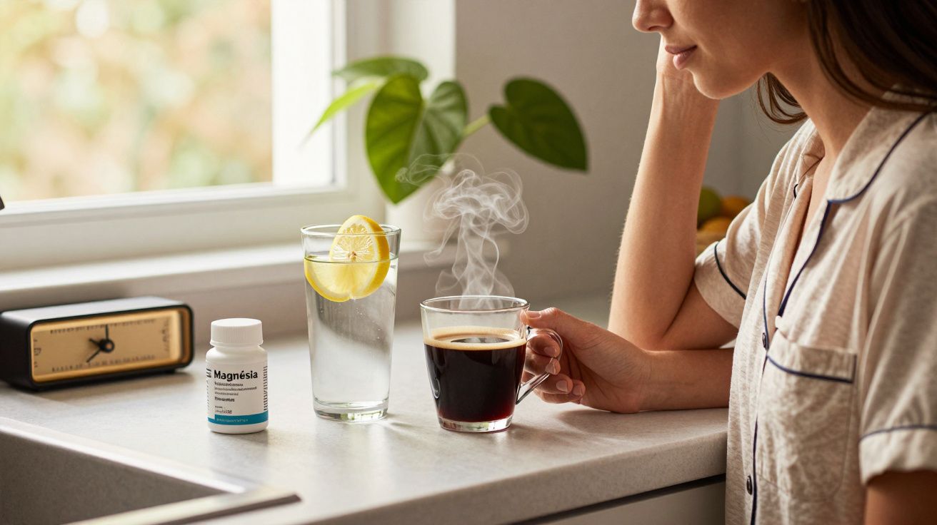 Mulher em pijama segura xícara de café próximo a copo com limão e frasco de vitaminas sobre balcão iluminado.