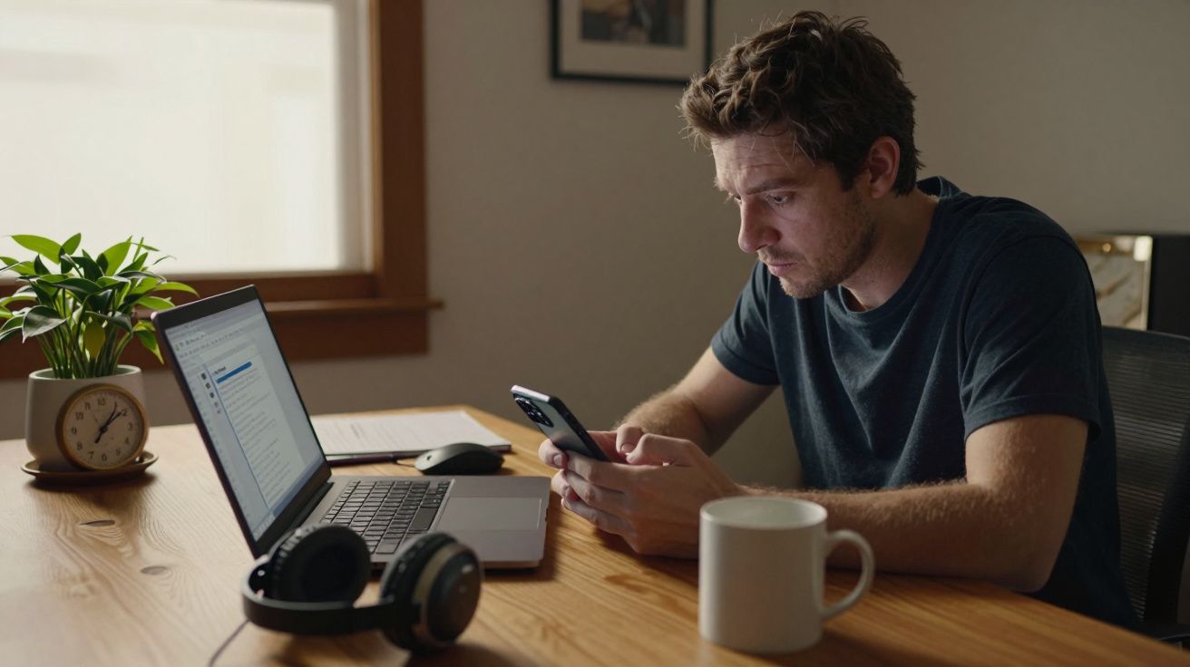 Homem sentado à mesa, concentrado no celular, com laptop aberto, fone de ouvido, caneca e planta ao redor.
