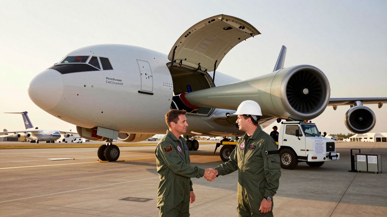 Dois homens de uniforme militar apertam as mãos em frente a um grande avião de carga com a porta aberta.