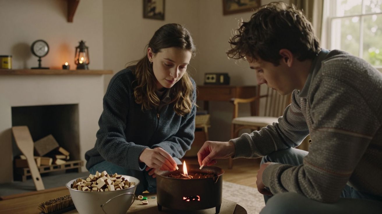 Dois jovens assam marshmallows em um fogareiro dentro de uma sala aconchegante, com lareira ao fundo.
