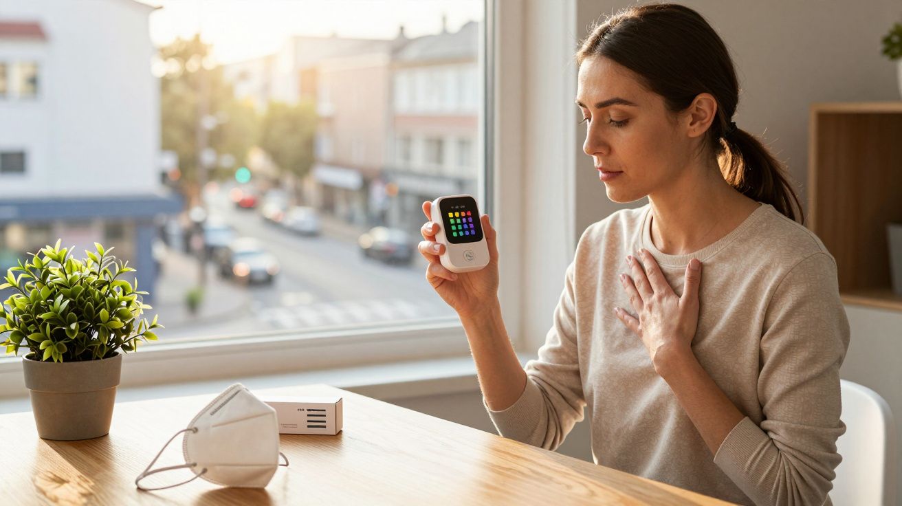 Mulher segurando oxímetro de dedo perto da janela. Máscara e planta estão sobre a mesa.