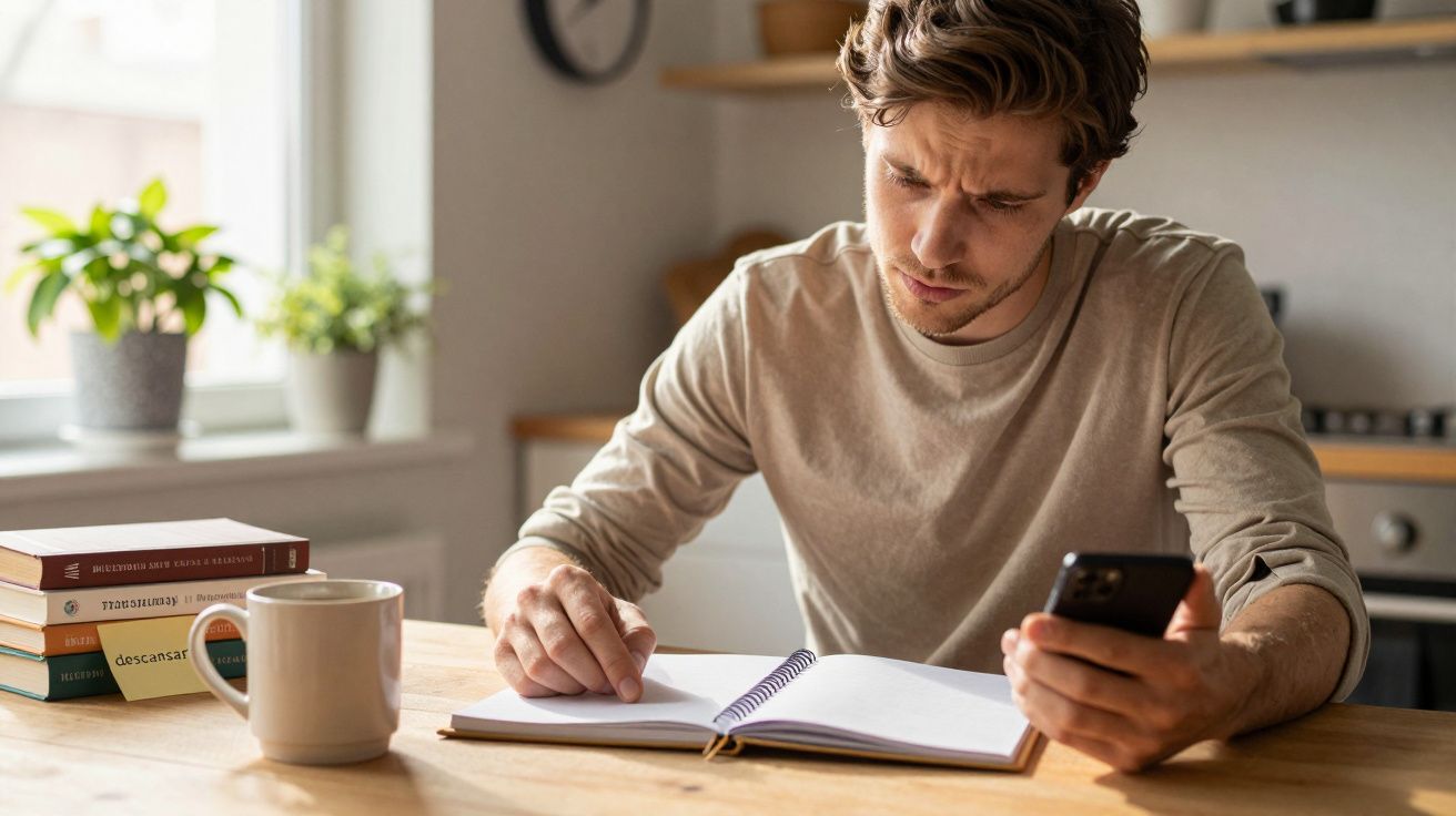Homem sentado em mesa com caderno, segurando celular e olhando atentamente. Livros e caneca ao lado, ambiente de casa.