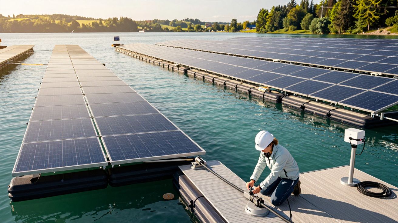 Painéis solares flutuantes em lago, com pessoa de capacete fazendo manutenção na plataforma.