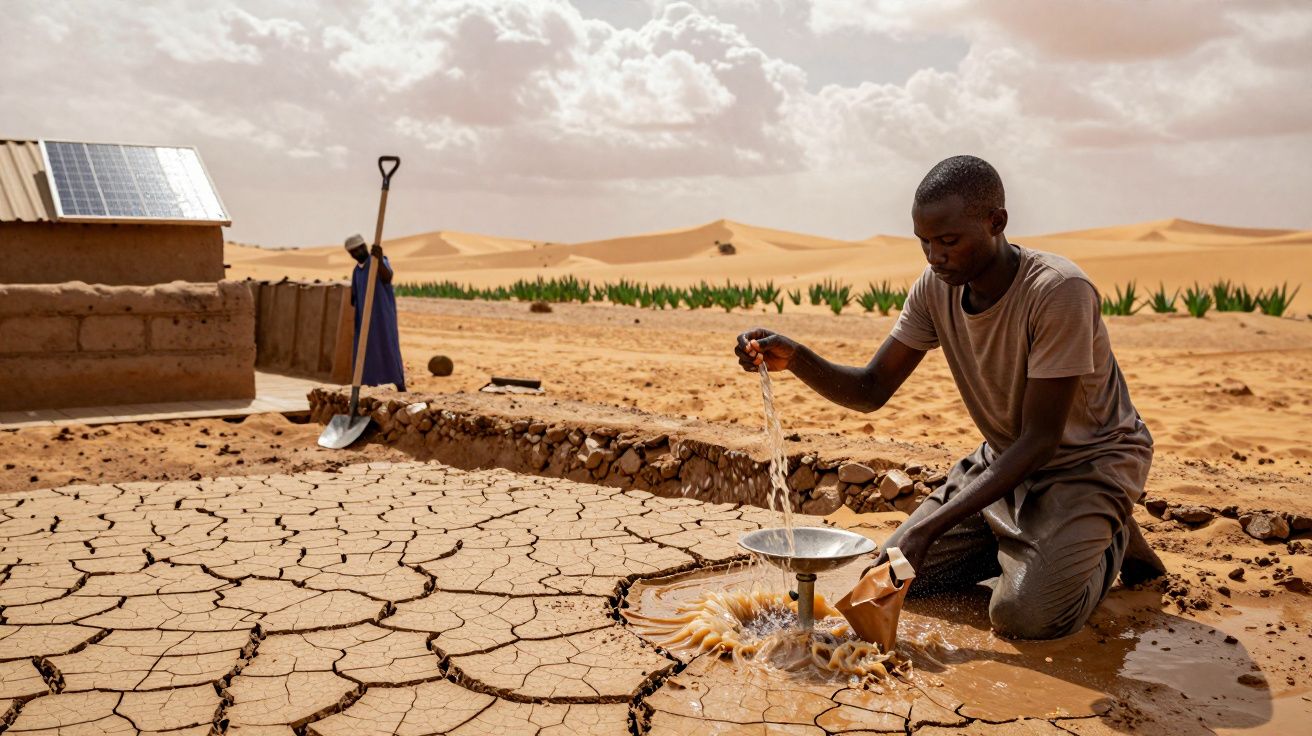 Homem ajoelhado no chão rachado em espaço desértico, coletando água em uma bacia sob céu nublado.