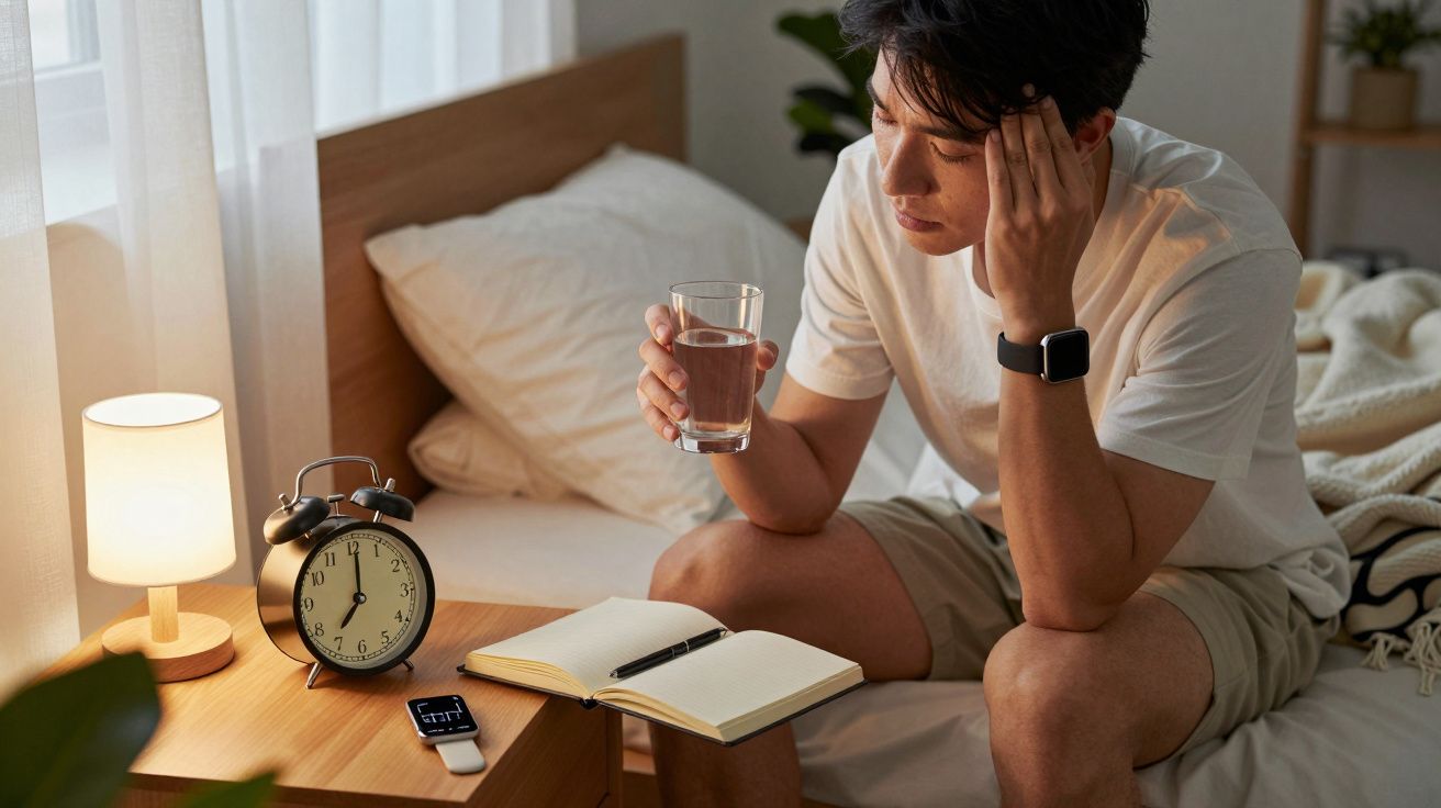 Homem sentado na cama, segurando um copo de água, com a mão na cabeça. Despertador, caderno e abajur na mesa ao lado.