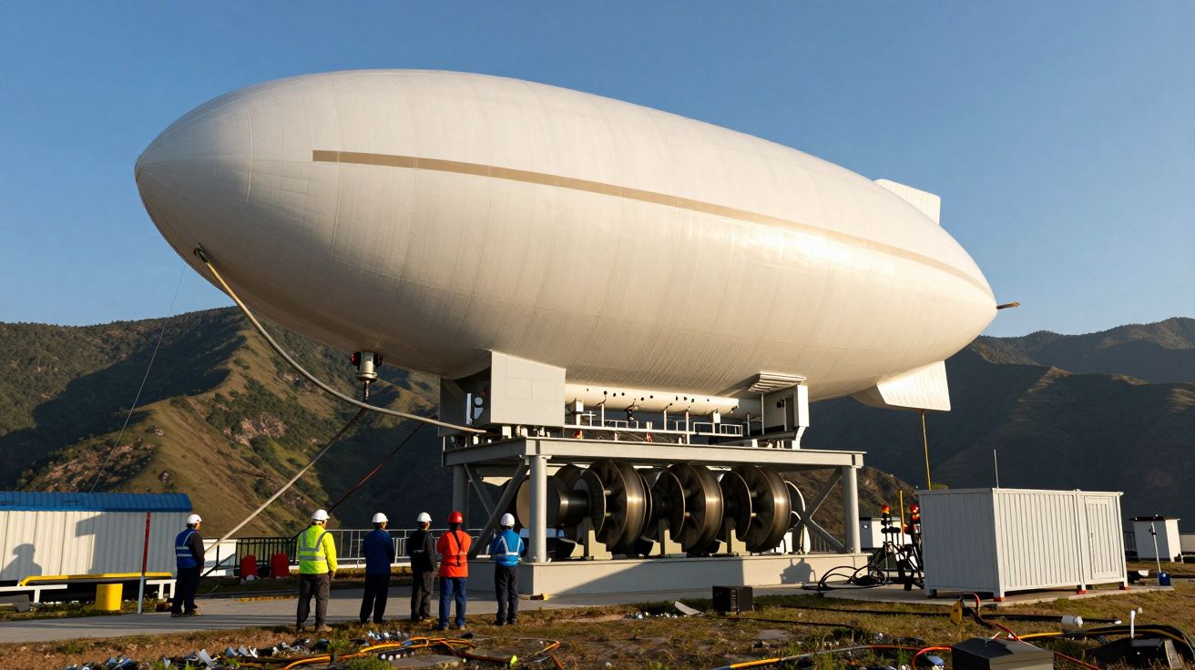 Dirigível grande em base no campo, com montanhas ao fundo e seis pessoas de colete e capacete observando.