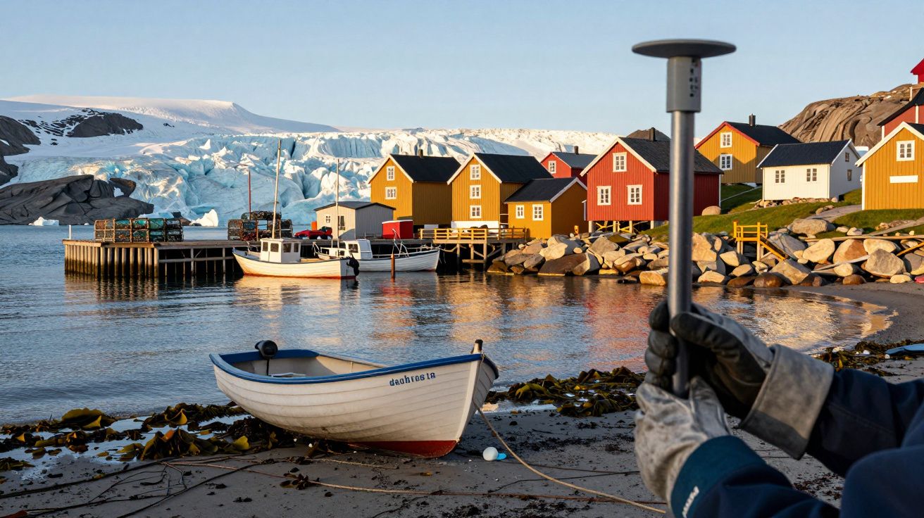 Casas coloridas e barcos em frente a um fiorde com geleiras ao fundo, sob céu limpo e ensolarado.