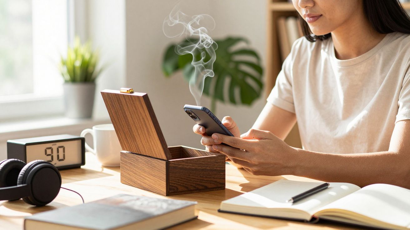 Mulher com smartphone, fumaça saindo de uma caixa de madeira em mesa com livro, fones e relógio.