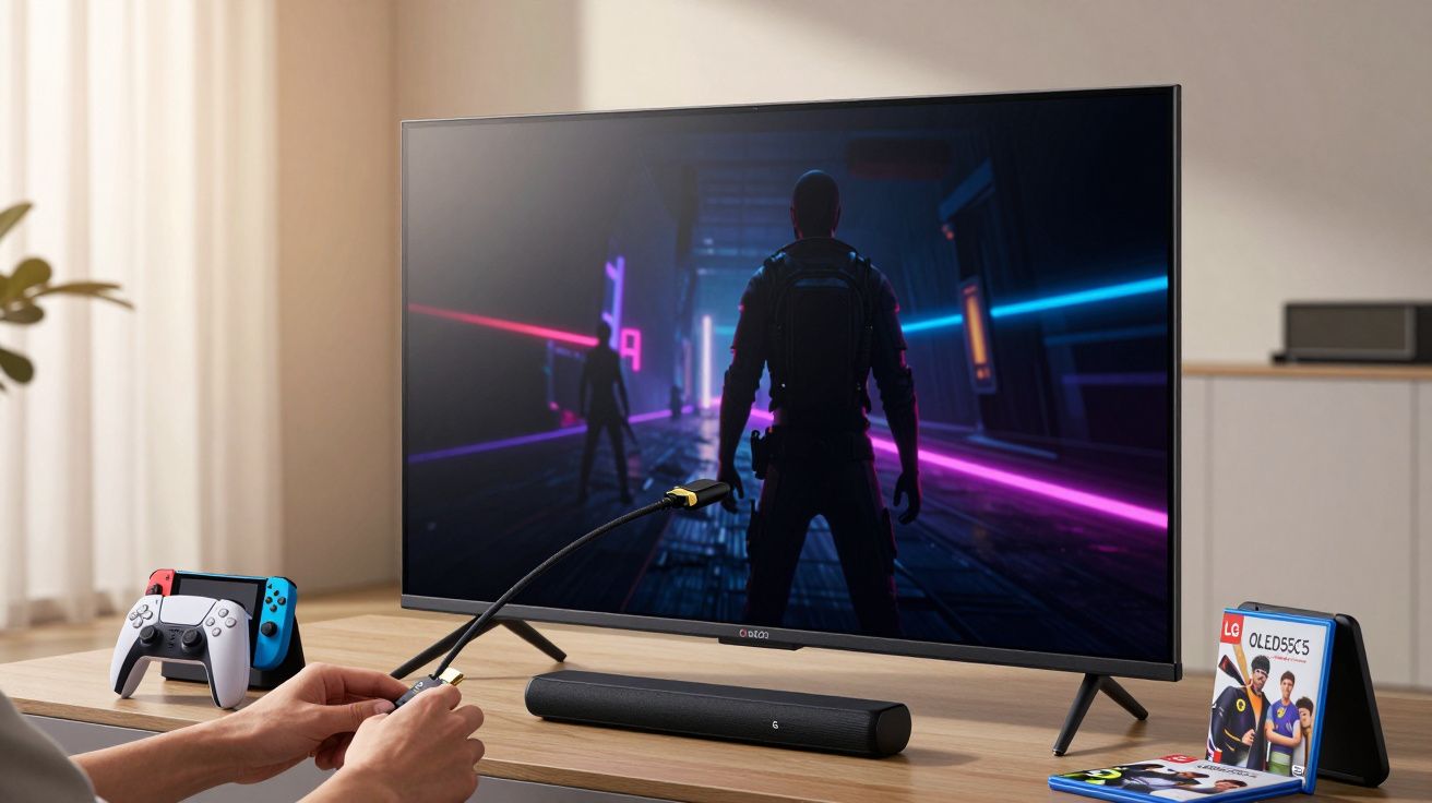 Pessoa conectando cabo a TV com videogame na tela e controles em cima da mesa.