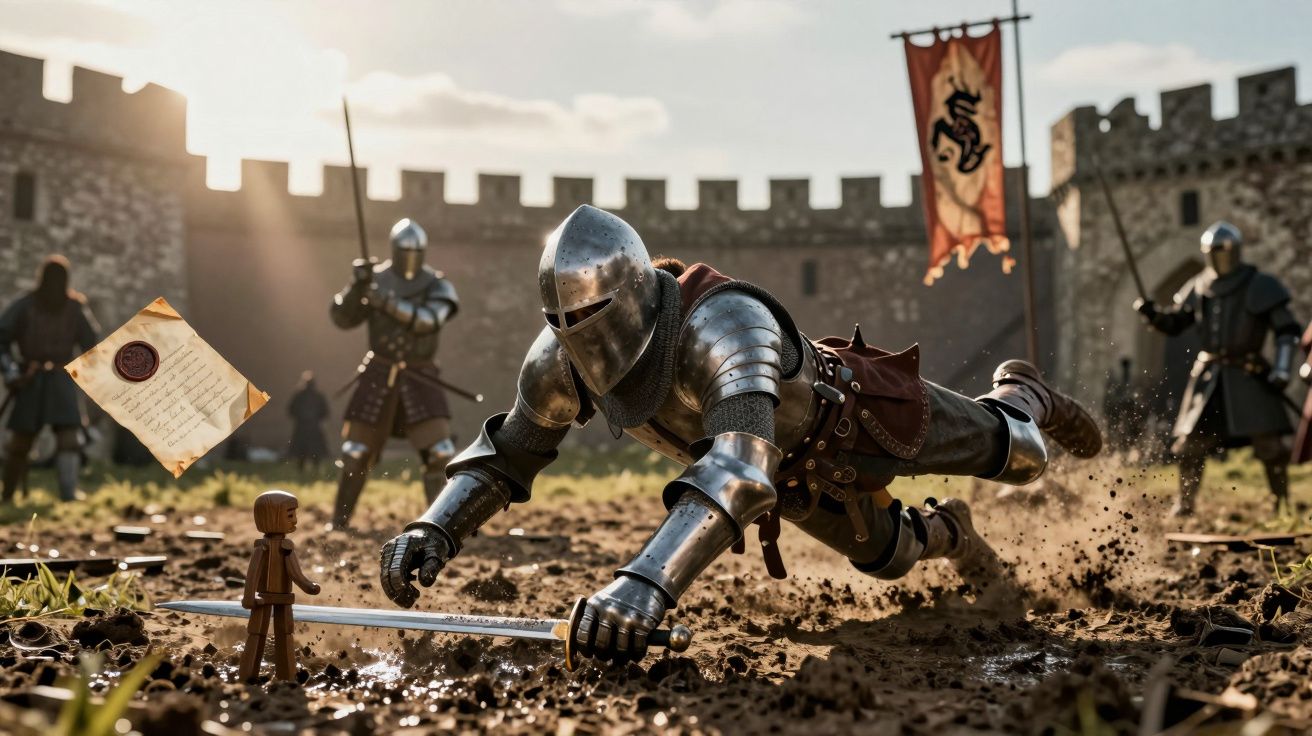 Cavaleiro medieval caído com espada, cercado por outros cavaleiros, em cenário de castelo e bandeira ao fundo.