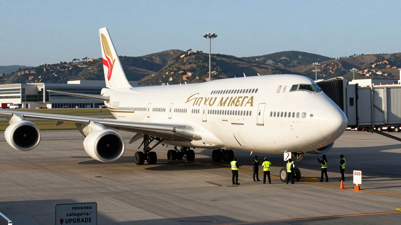 Avião de grande porte estacionado na pista do aeroporto, com seis funcionários uniformizados próximos a ele.