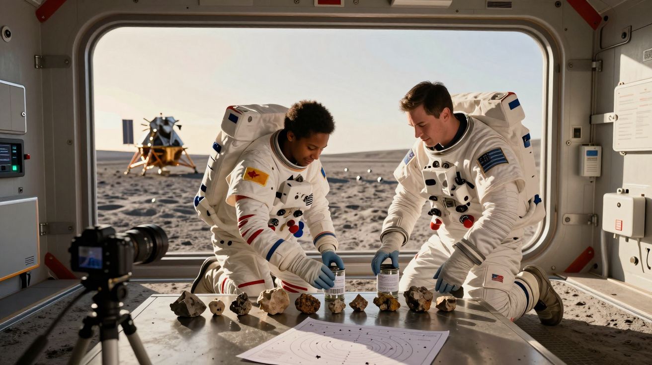 Dois astronautas analisam rochas lunares em uma base espacial, com um módulo lunar visível ao fundo.