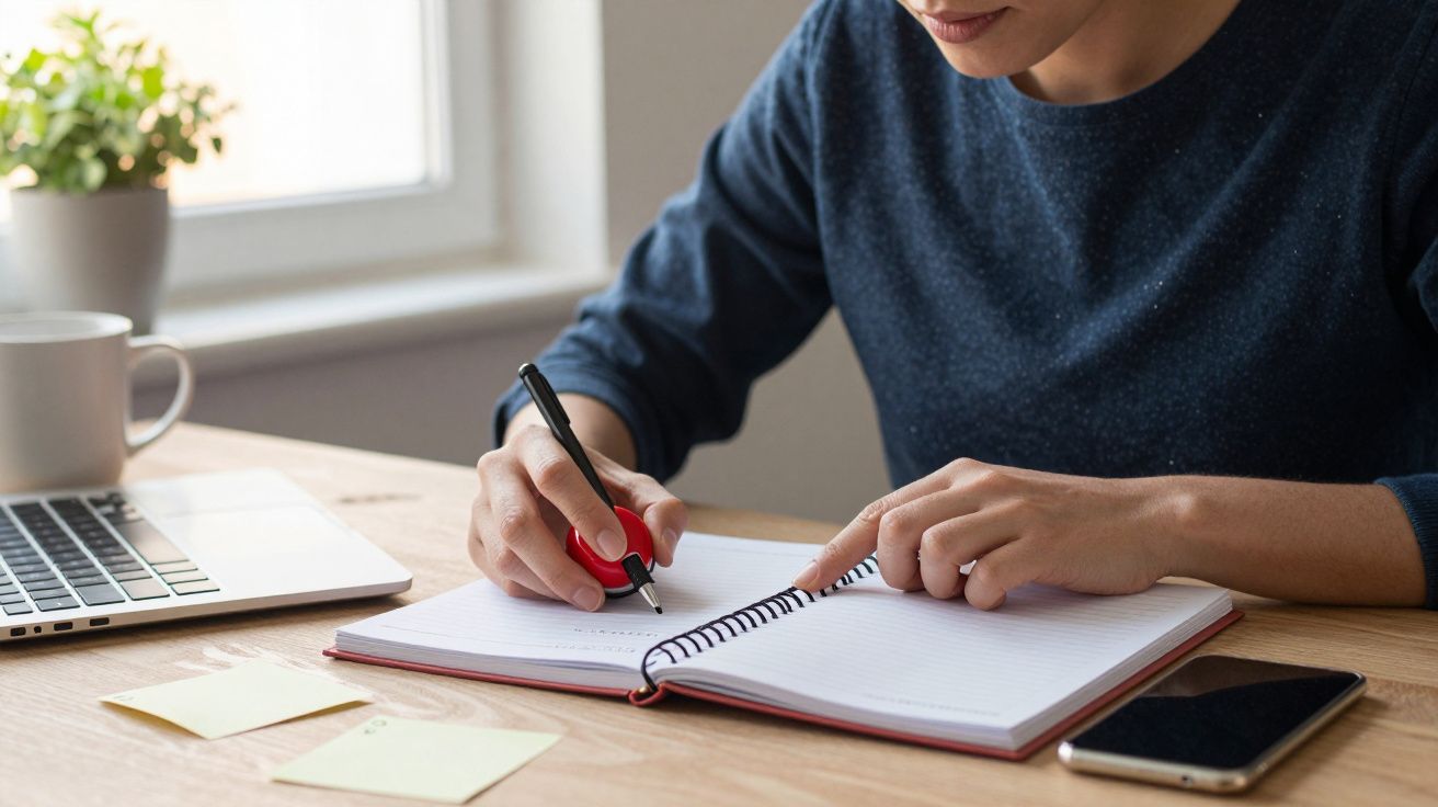 Pessoa escrevendo em caderno espiral em uma mesa com laptop, celular e caneca, perto de janela com planta.