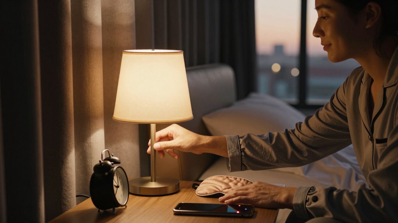 Mulher desligando abajur ao lado da cama, com despertador e celular na mesa de cabeceira.