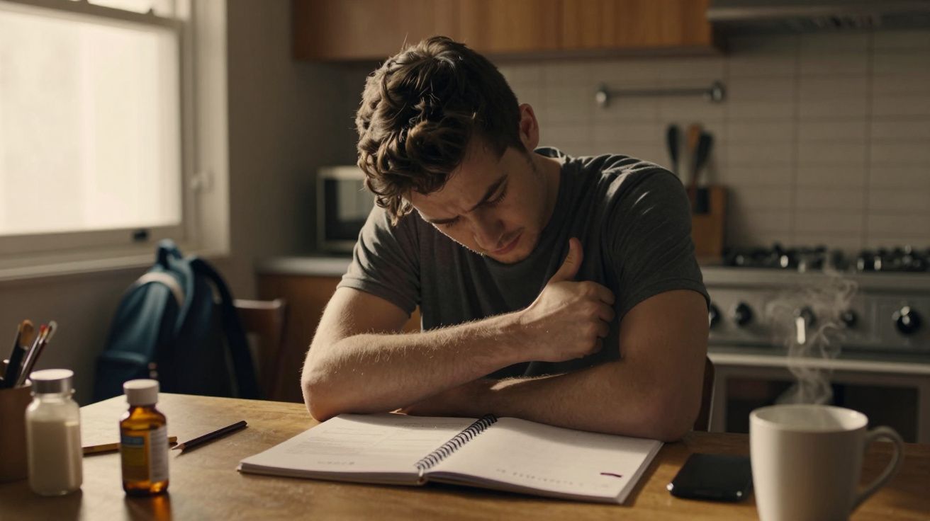 Jovem estuda concentrado em uma mesa de cozinha, com medicamentos, caderno, caneca e celular à frente.