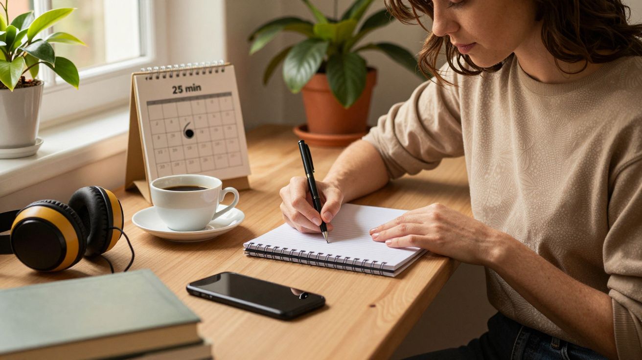 Mulher escrevendo em caderno ao lado de xícara de café, celular e fones de ouvido, com planta e calendário na mesa.