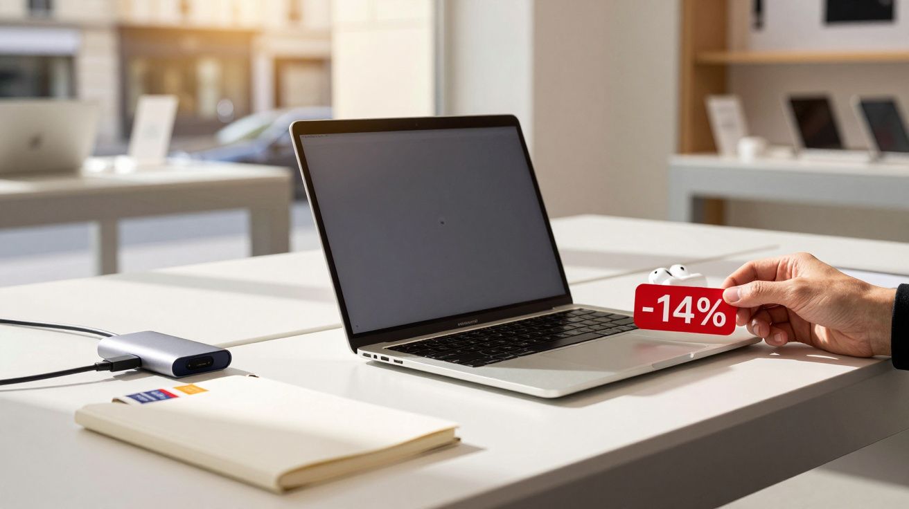 Mesa com laptop, caderno, carregador portátil e mão segurando placa de desconto de 14%.