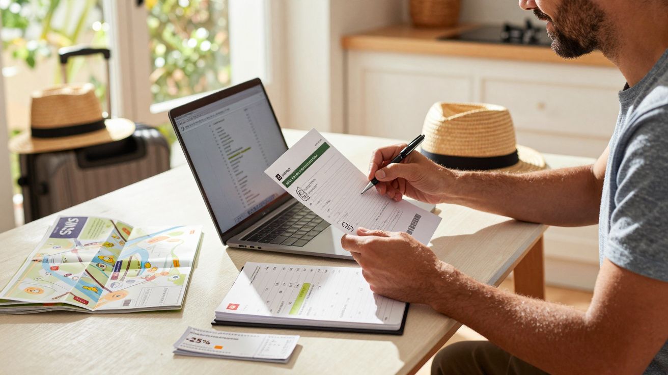 Homem sentado em mesa de madeira, analisando documentos e usando laptop. Ao fundo, chapéu e mala próximos à janela.