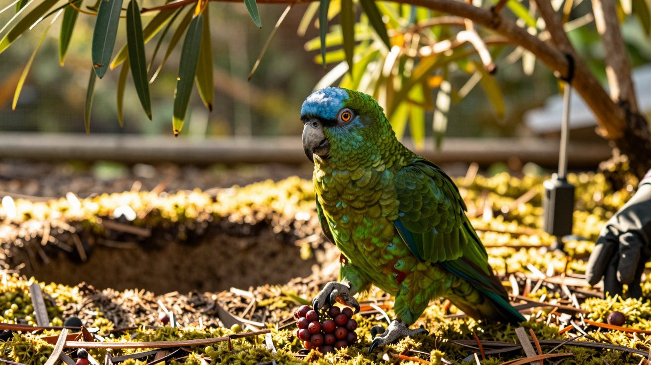 Papagaio verde com cabeça azul segura cachos de uvas vermelhas no chão em um ambiente natural com luz do sol.