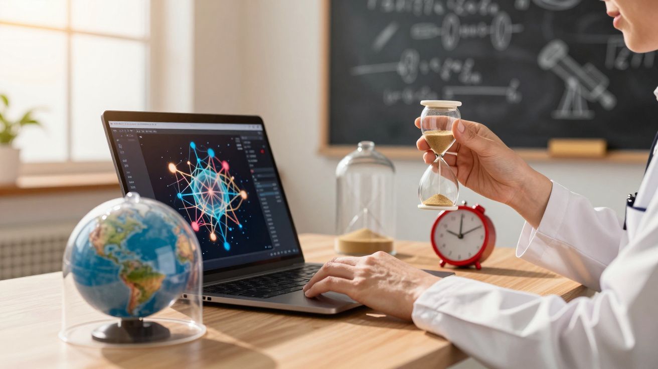 Pessoa segurando ampulheta, com laptop aberto mostrando gráfico, globo e relógio em mesa de escritório.