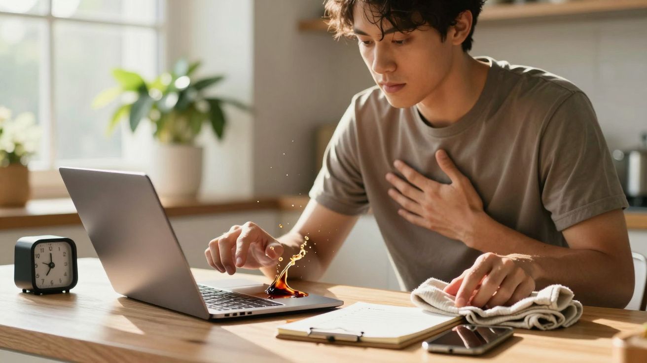 Homem surpreso com chamas no teclado do laptop em uma cozinha, com despertador, bloco de notas e celular ao lado.