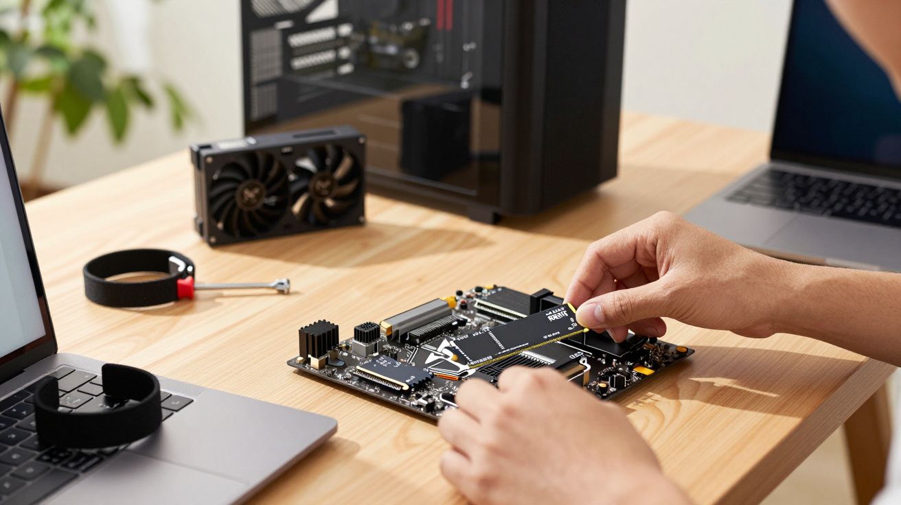 Pessoa montando uma placa-mãe de computador em uma mesa, com laptops e componentes ao redor.