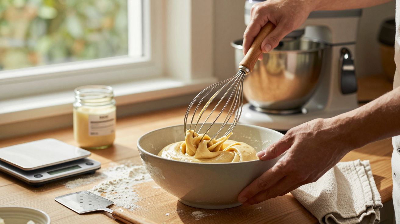 Pessoa misturando massa em uma tigela na cozinha, perto de uma batedeira e balança digital, com luz natural ao fundo.