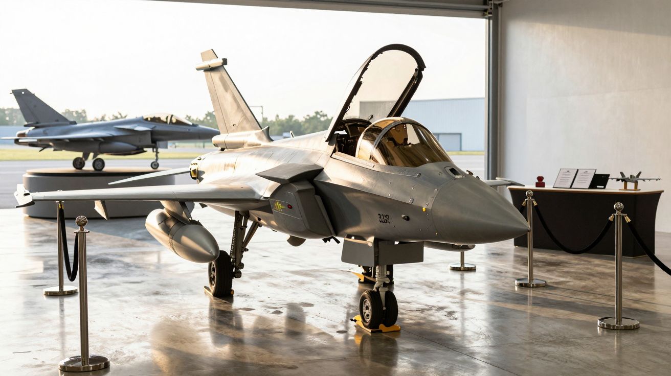 Avião de caça moderno em exposição em hangar, com a cabine aberta e outro avião visível ao fundo.