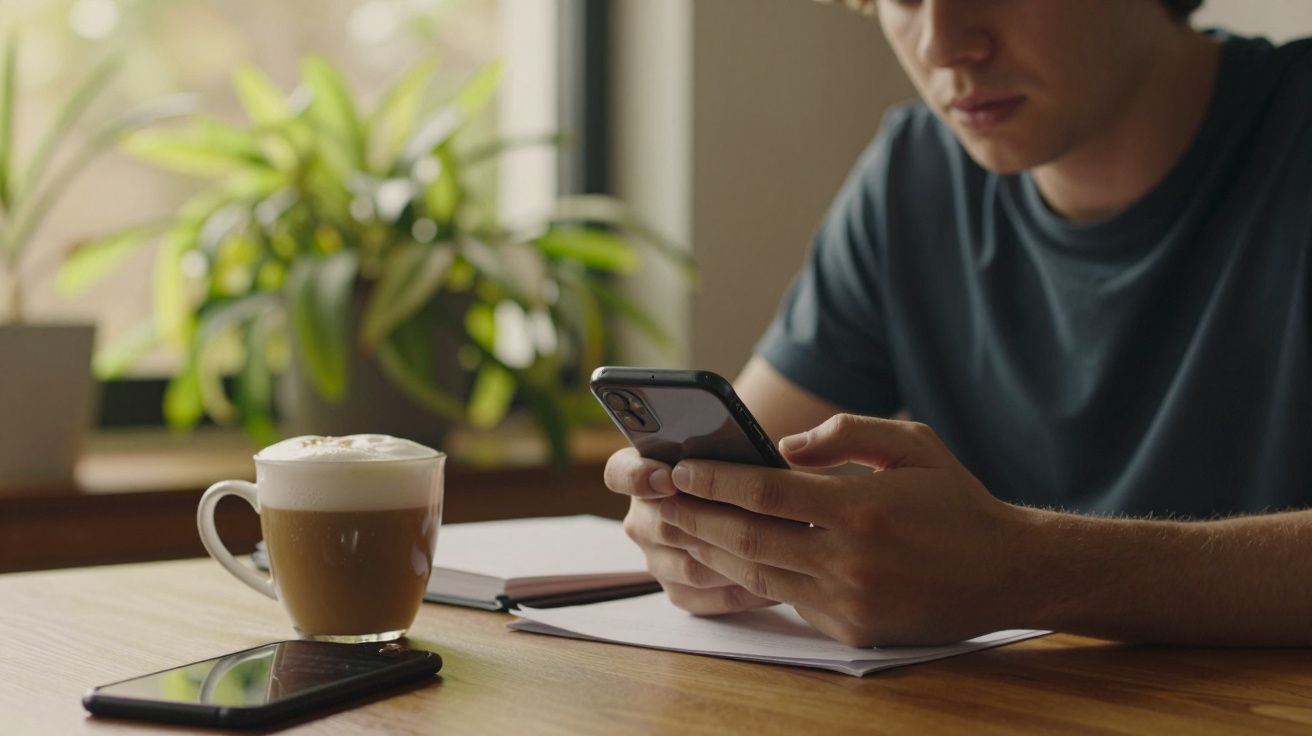 Homem usando celular em mesa com café, caderno e planta ao fundo.